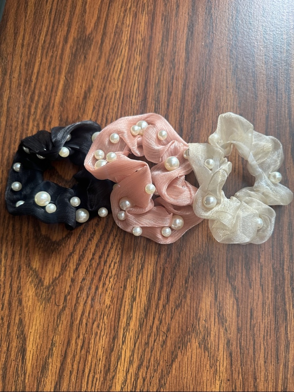 Pearl-Embellished Sheer Scrunchie Trio - Black, Blush, Ivory